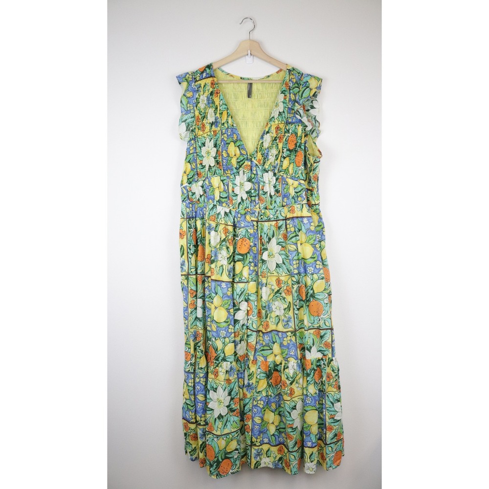 Anthropologie Peregrine Flutter Sleeve Maxi Dress Citrus Floral Holly Print 2X - Picture 2 of 11